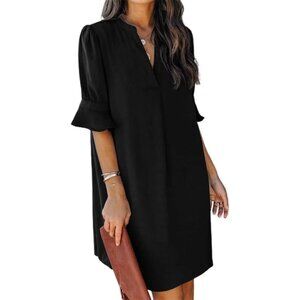 Womens Black 100%Polyester V-Neck Loose Fit Short Sleeve Knee Length Shift Dress